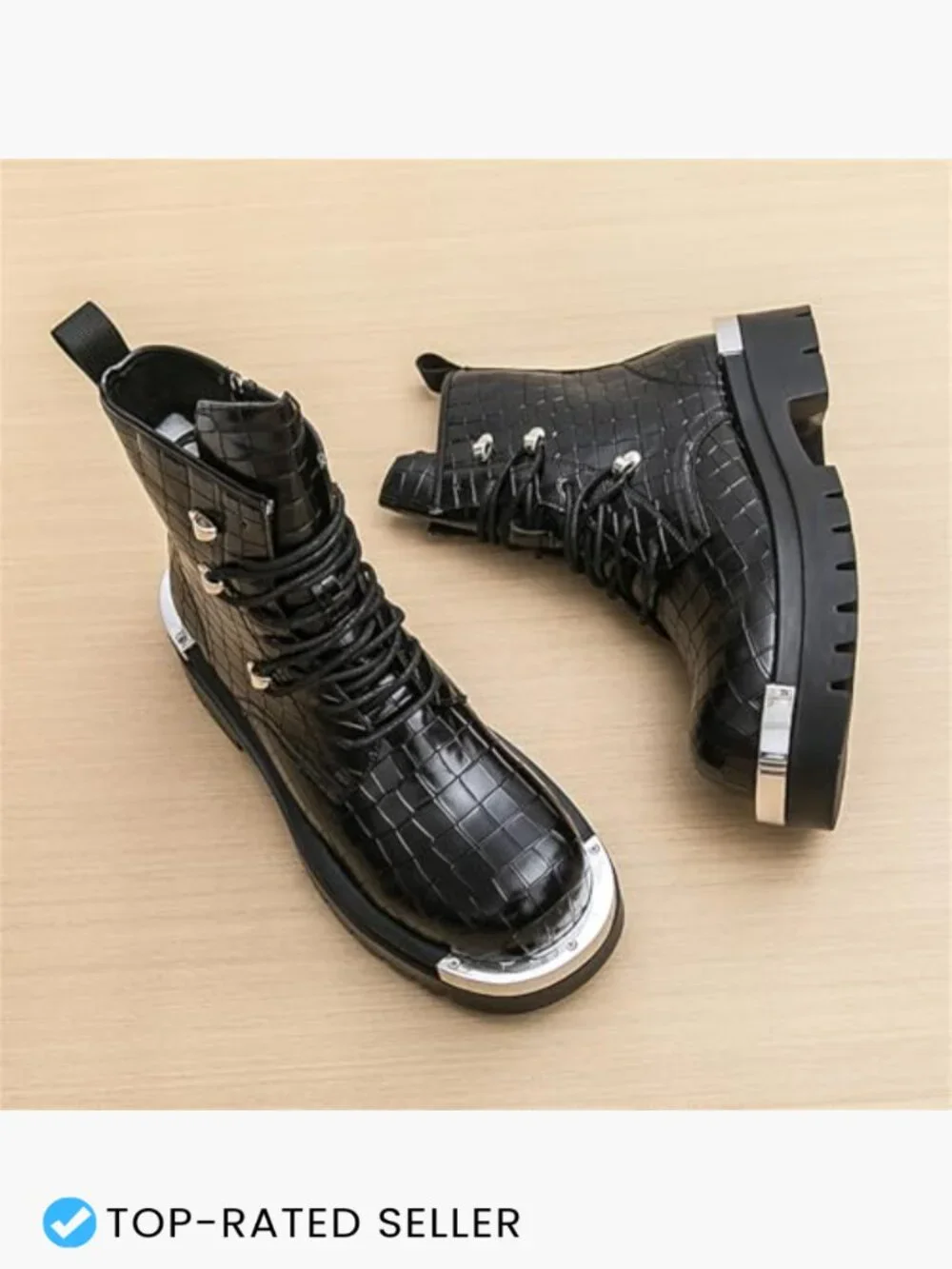 Stone Texture Patent Leather Lace Up Platform Ankle Combat Boots with Metal